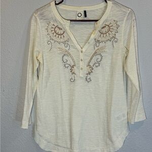 Anthropologie Cream Long-Sleeve Embroidered Henley Top